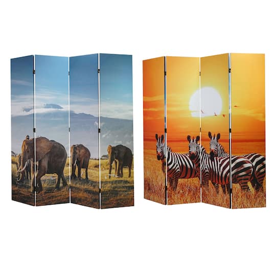 American Art Decor™ 6ft. Double-Sided 4-Panel African Elephants & Zebras Animals Canvas Privacy Screen